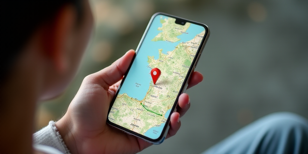 a person holding a cell phone with a map on it's screen and a location pin on the screen, Aquirax Un