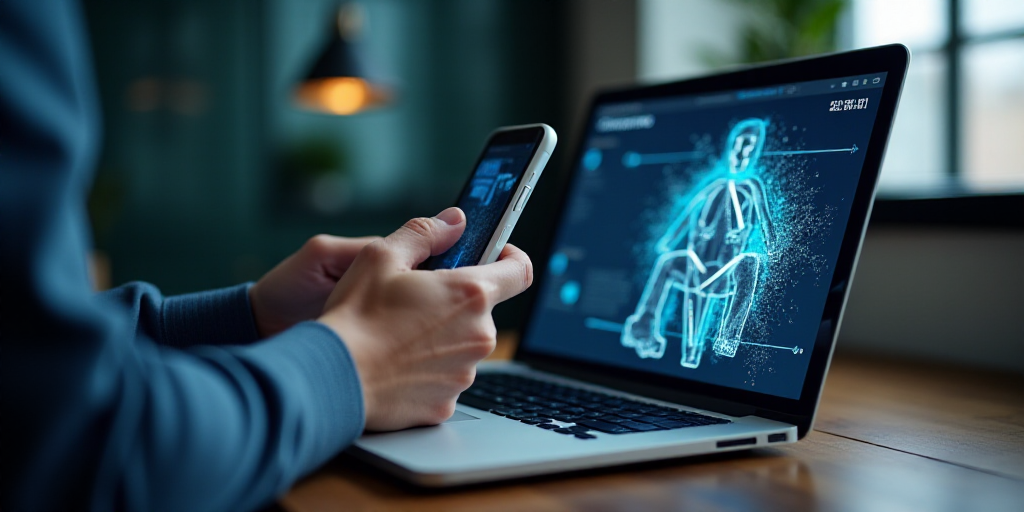 a person holding a cell phone and a laptop computer with a graphic of a person holding a cell phone,