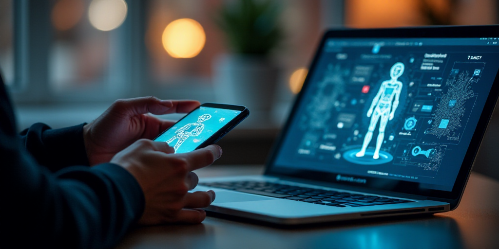 a person holding a cell phone and a laptop computer with a graphic of a person holding a cell phone,
