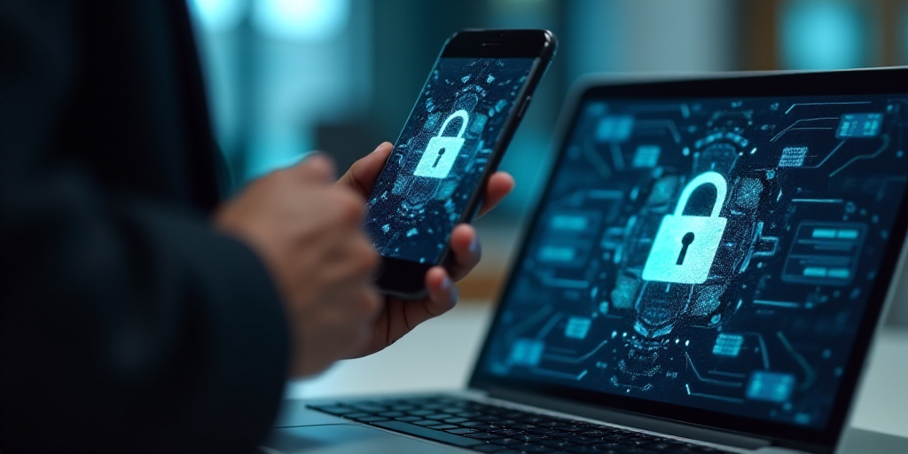 a person holding a cell phone and a laptop computer with a padlock on it and a padlock on the screen