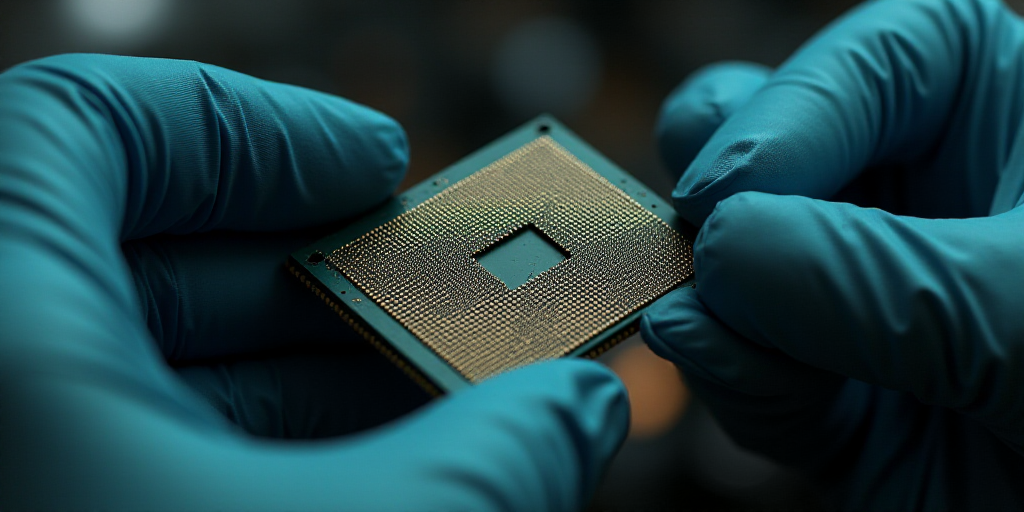 a person holding a computer chip in their hands with gloves on it and a glove on the arm of the chip