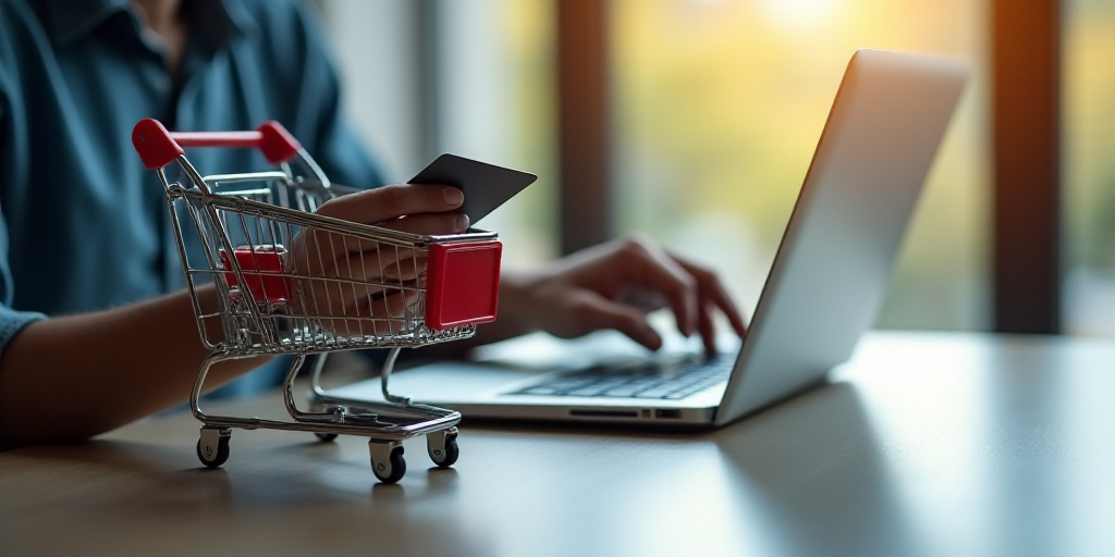 a person holding a credit card while using a laptop computer on a table with a shopping cart and a s