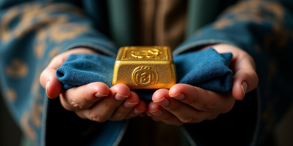 a person holding a gold bar in their hand and a blue cloth on top of it and a blue cloth on the othe