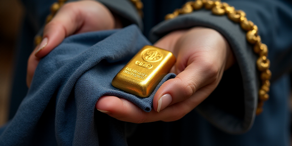 a person holding a gold bar in their hand and a blue cloth on top of it and a blue cloth on the othe