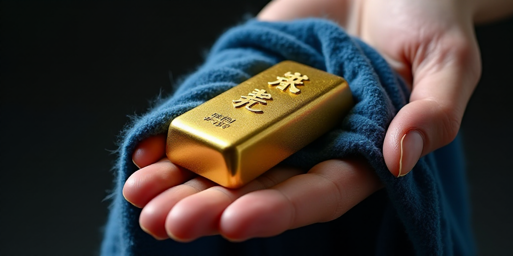 a person holding a gold bar in their hand and a blue cloth on top of it and a blue cloth on the othe