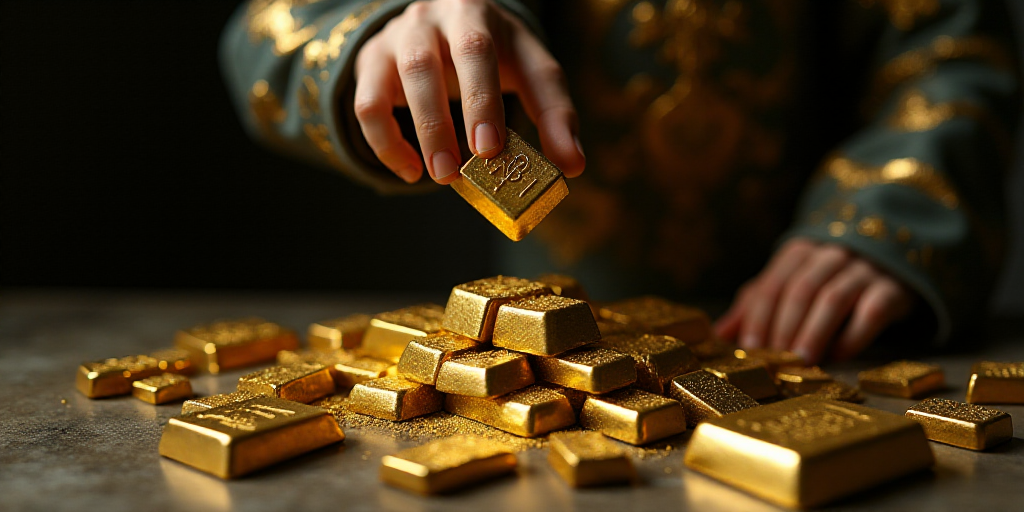 a person holding a gold bar over a pile of gold bars and other gold bars on a table with a hand, Eng