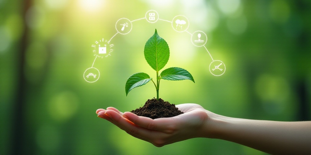 a person holding a green plant with icons above it and a green background with trees and buildings i