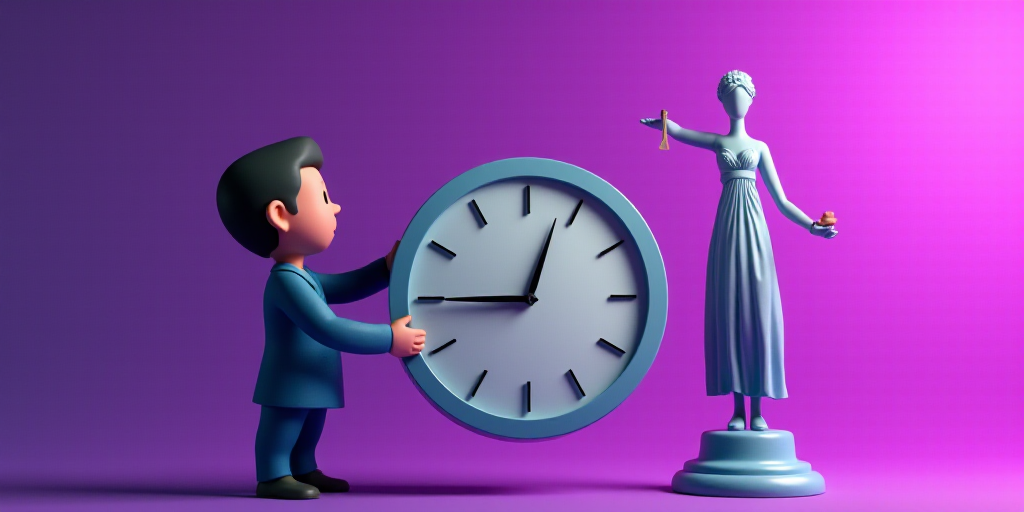 a person holding a large clock in front of a purple background with a statue of a lady holding a map