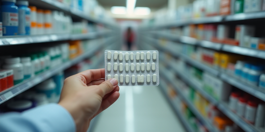 a person holding a pack of pills in a store aisle with shelves of medicine and pills in the backgrou