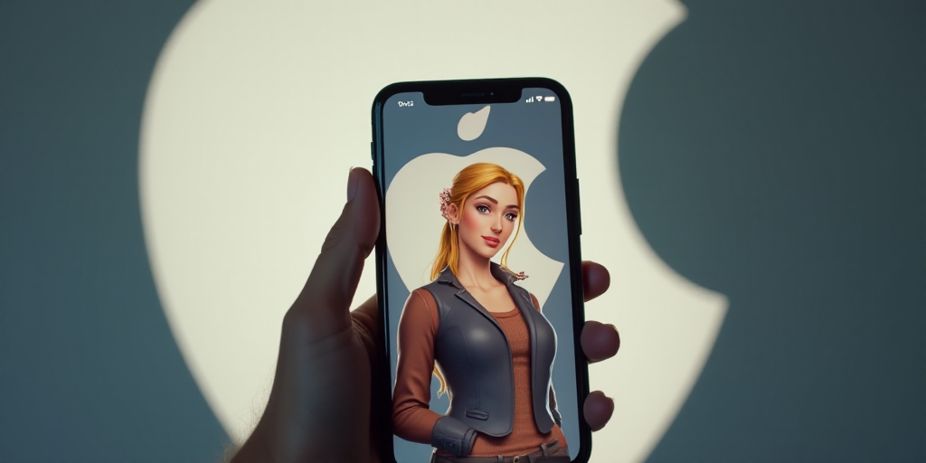 a person holding a phone with a picture of a character on it in front of an apple logo and a shadow,