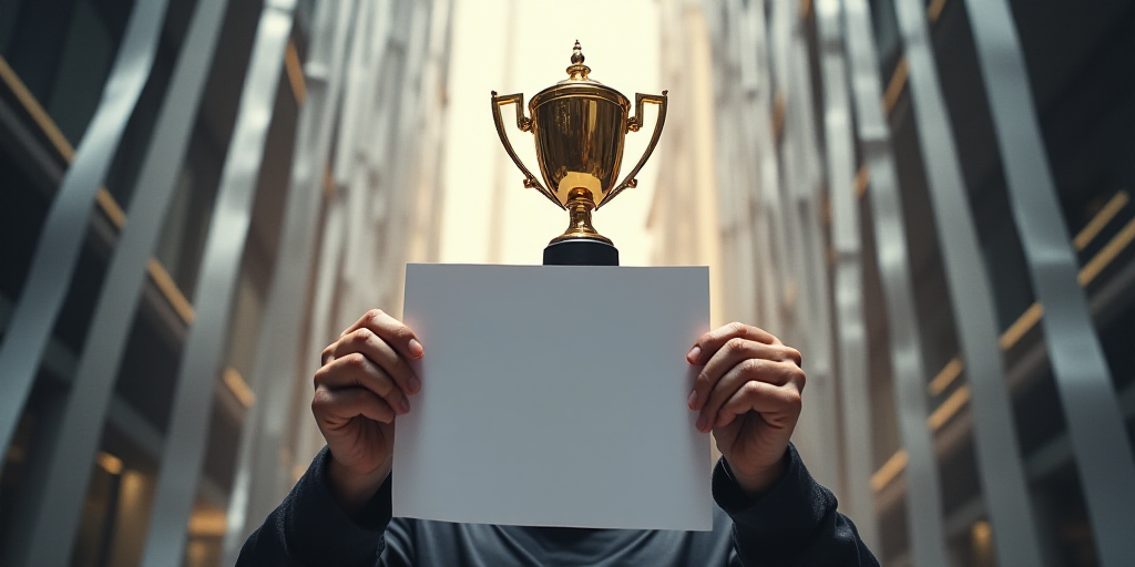 a person holding a piece of paper in front of a bunch of silver ribbons and a trophy trophy in the a