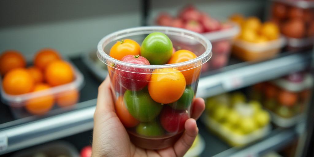 a person holding a plastic cup filled with fruit and vegetables in a store display case with other p