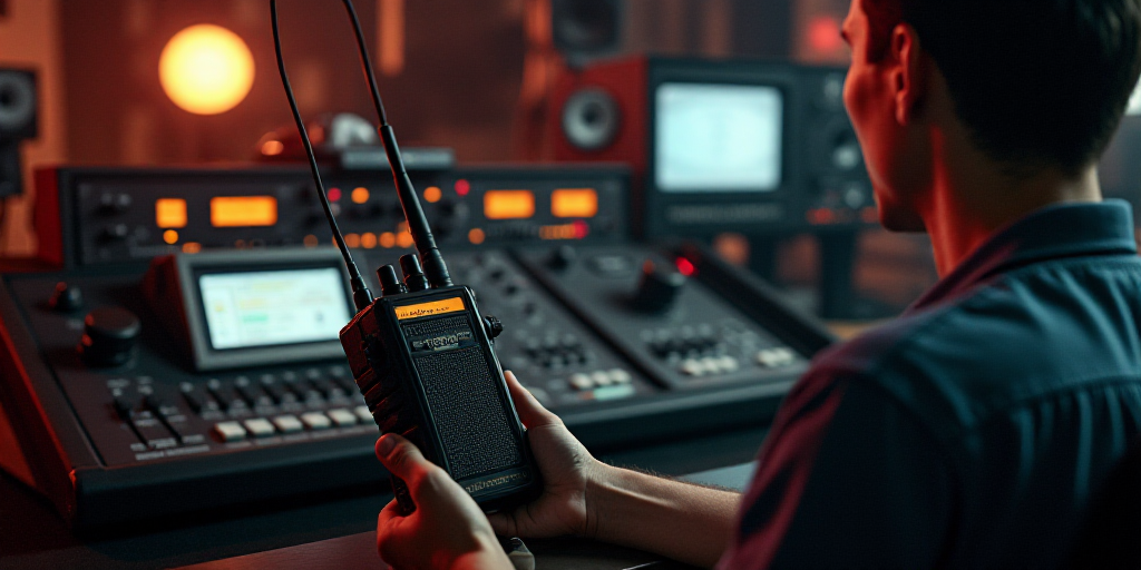 a person holding a radio in front of a control panel with other equipment in the background and a pe