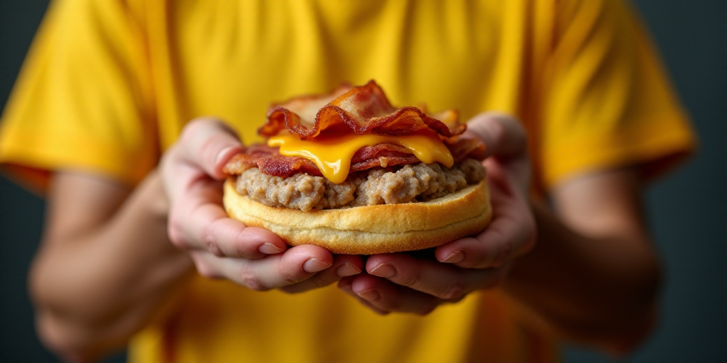 a person holding a sandwich with bacon and cheese on it in their hand, with a yellow shirt on, Chipp