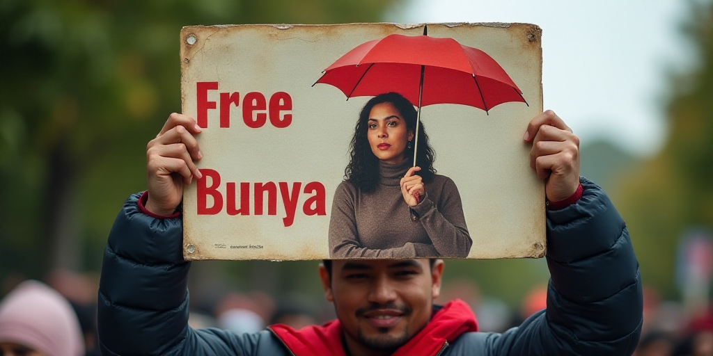 a person holding a sign with a picture of a woman holding an umbrella and a sign that says free buny