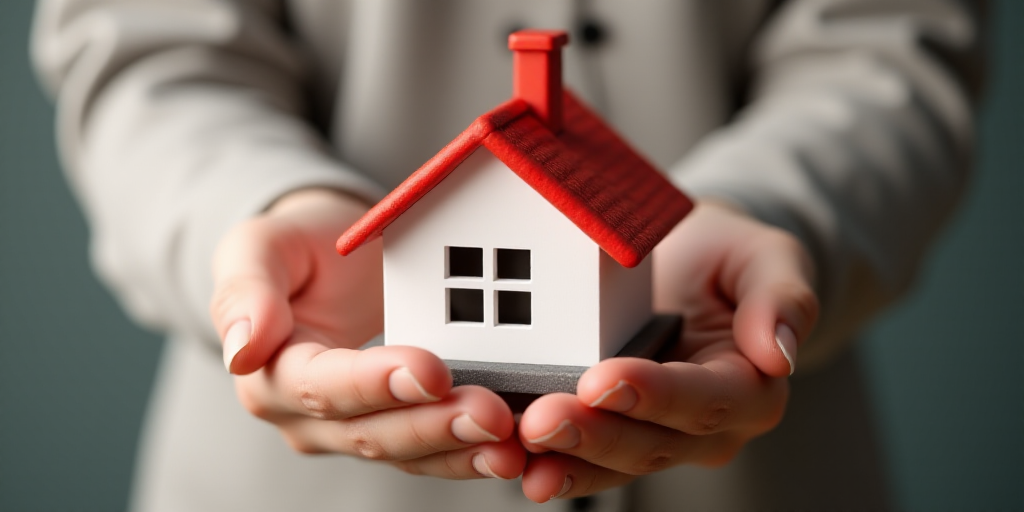 a person holding a small model house in their hands with a red roof on top of it and a red chimney,