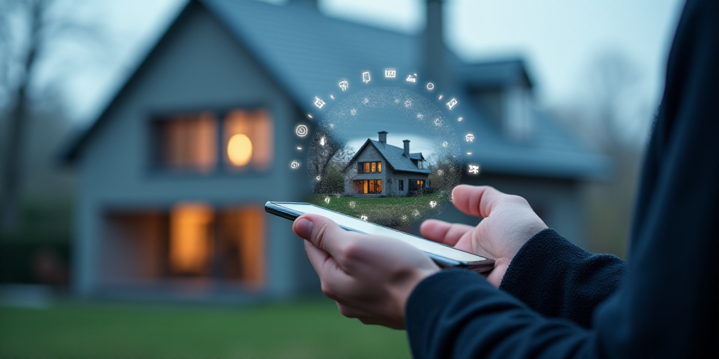 a person holding a smart phone in front of a house with icons coming out of it and a house on the sc