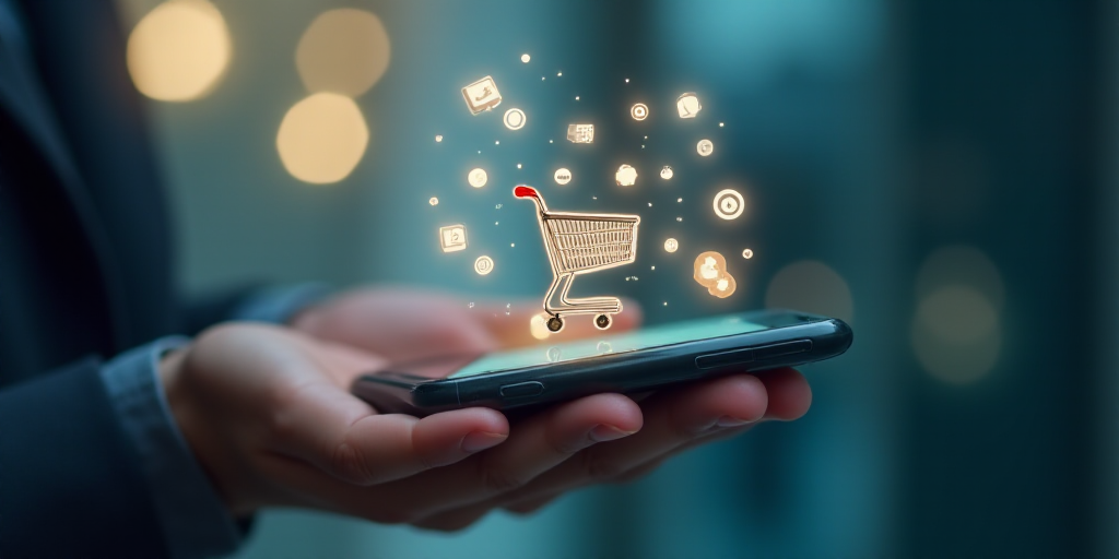 a person holding a smart phone with a shopping cart on it's screen and icons coming out of it, Andri