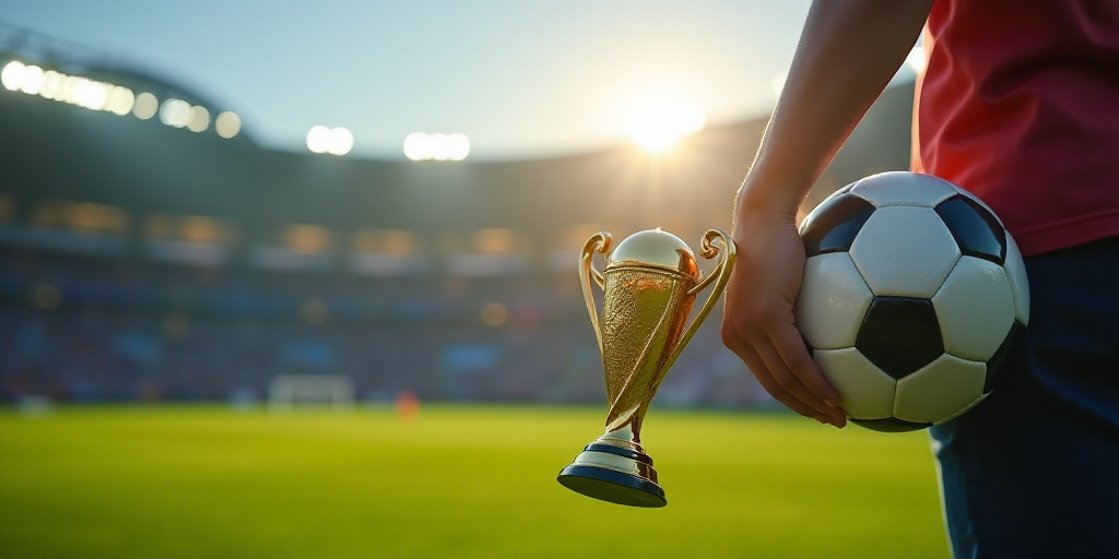 a person holding a soccer ball in their hand with a gold trophy in their hand on a field of a stadiu
