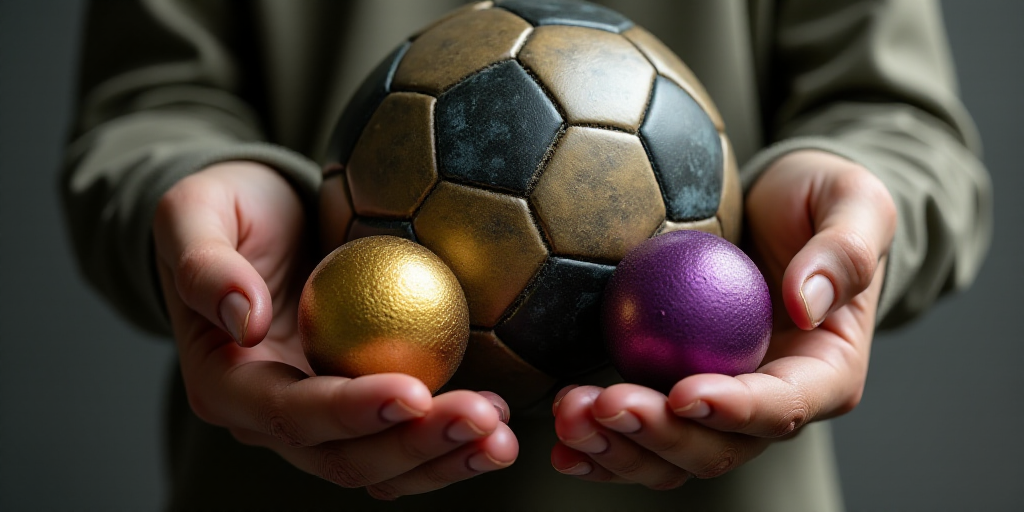 a person holding a soccer ball in their hand with a gold ball in the other hand and a purple ball in
