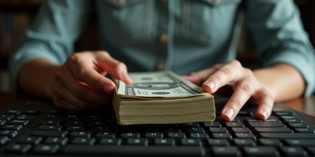 a person holding a stack of money in front of a keyboard and keyboard pad with a keyboard on it, Eve