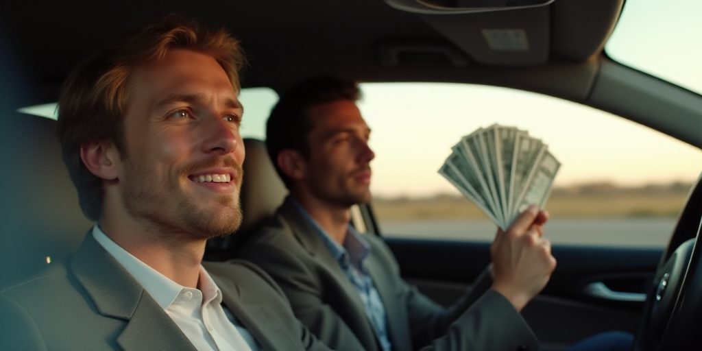 a person holding a ticket and a person holding a fan of money in their hand while sitting in a car,