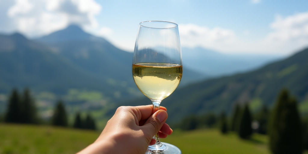a person holding a wine glass up to a mountain view with a mountain in the background and a person h
