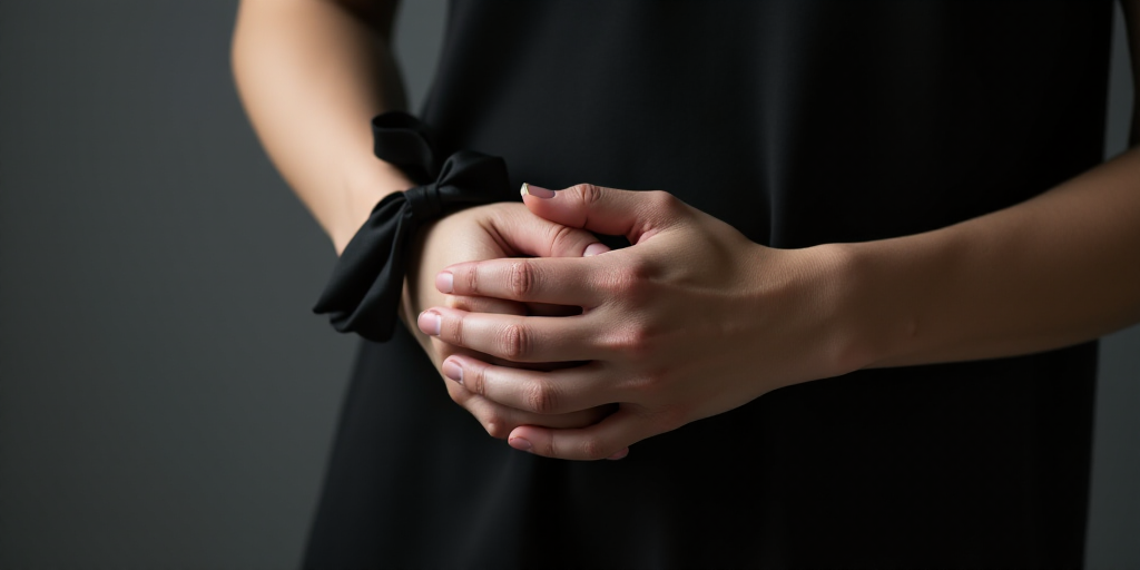 a person holding their hands together with a black ribbon on it's wrist and a black background with