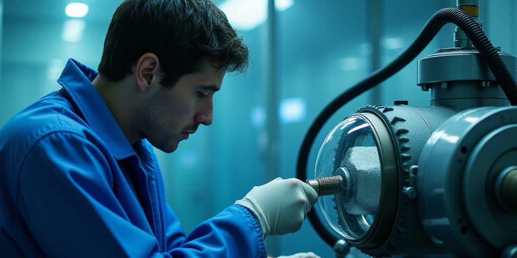 a person in a blue coat and a machine with a glass top on it and a hose in front of it, Dahlov Ipcar