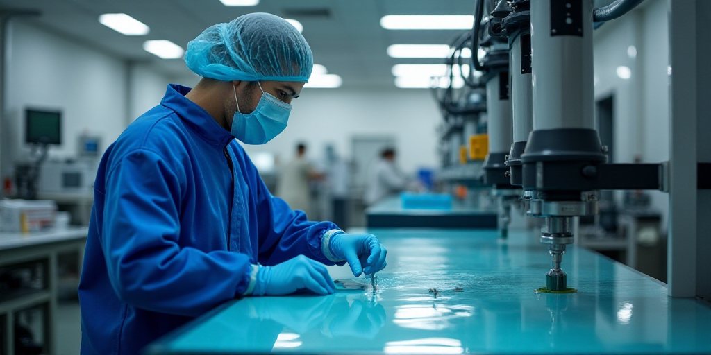 a person in a blue coat and mask working on a machine in a factory with a glass table with a liquid