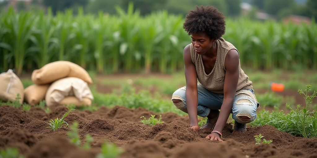 a person in a field with bags of dirt and plants in the background, with a person in the foreground,