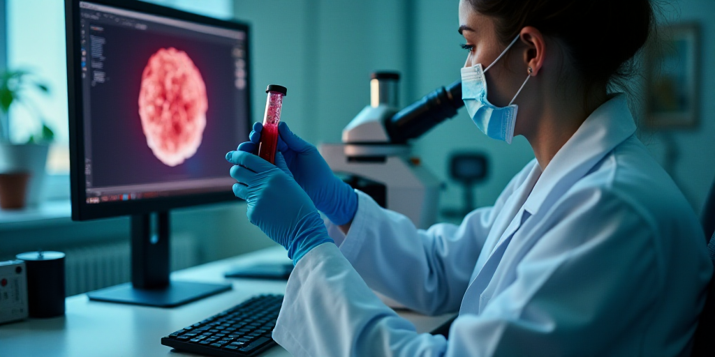 a person in a lab coat and gloves holding a tube of blood in front of a microscope and a monitor, An