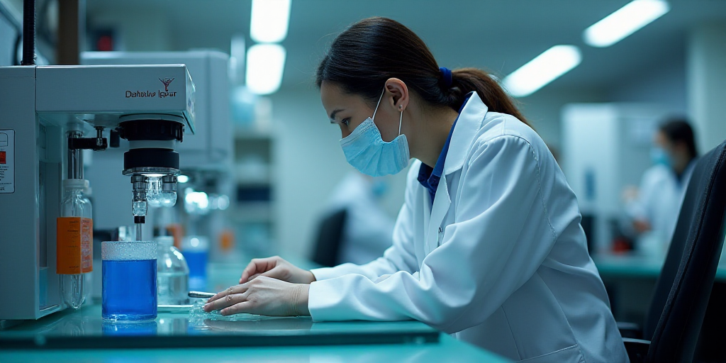 a person in a lab coat and mask working on a machine with a glass table in front of it, Dahlov Ipcar