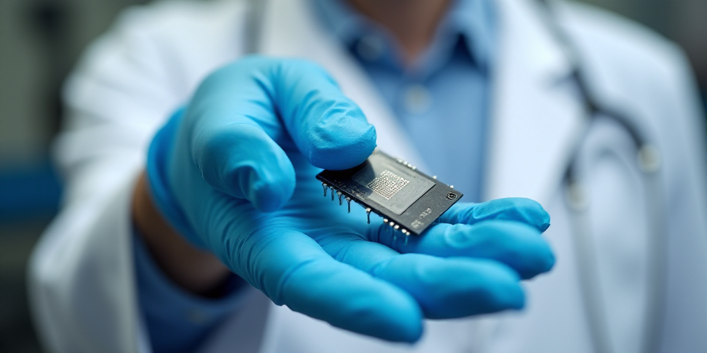 a person in a white shirt and blue gloves holding a small device in their hand with a micro chip att