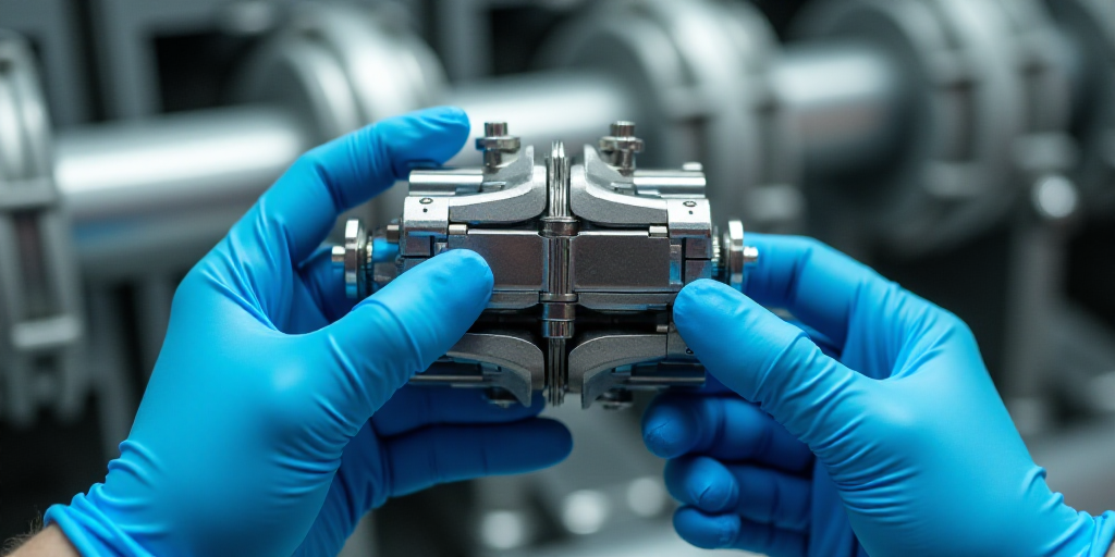 a person in blue gloves and gloves is holding a contraption in front of a machine with white contrap