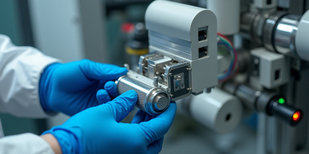 a person in blue gloves and gloves is holding a contraption in front of a machine with white contrap
