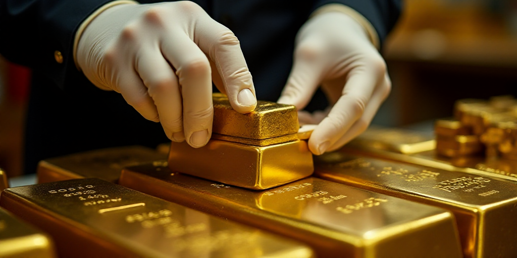 a person in white gloves holding a gold bar over a pile of gold bars on a table with other gold bars