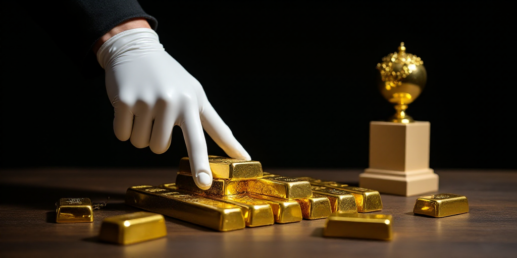 a person in white gloves is reaching for gold bars on a table with other gold bars on it and a black
