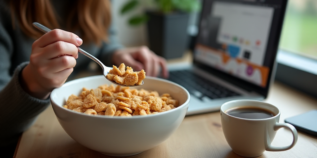 a person is eating cereal out of a bowl near a laptop computer on a desk with a cup of coffee, Chipp