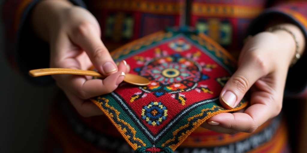 a person is holding a colorful piece of cloth in their hands and a wooden spoon in their other hand,