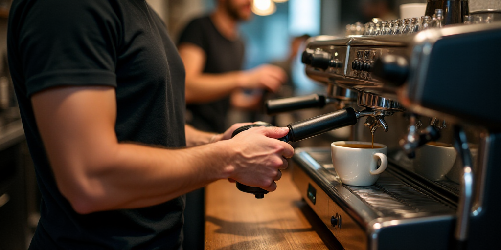 a person is making a cup of coffee at a coffee shop with a coffee maker and a coffee machine, Évari