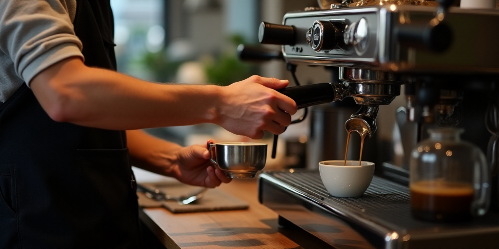 a person is making a cup of coffee at a coffee shop with a coffee maker and a coffee machine, Évari