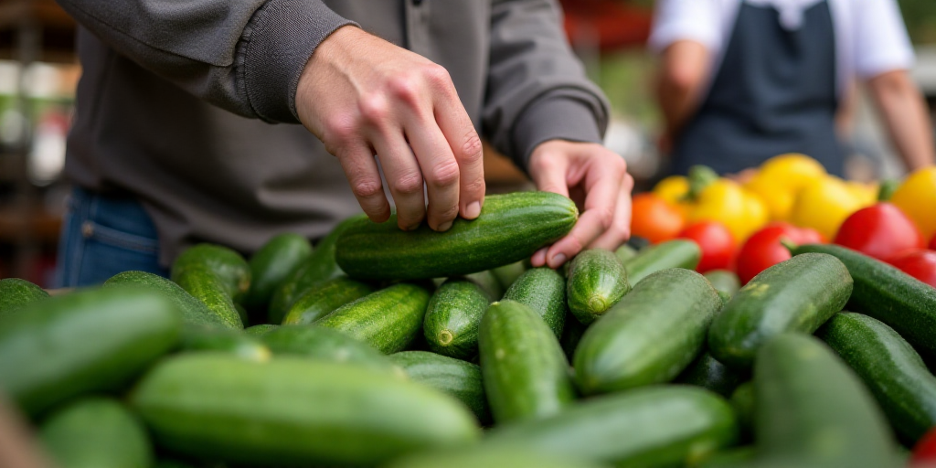 a person is picking up a cucumber at a market stall with other people in the background and a worker