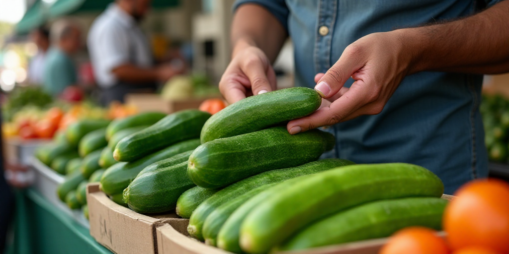 a person is picking up a cucumber at a market stall with other people in the background and a worker