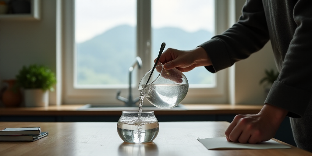 a person is pouring water into a glass pitcher with a spoon in it and a window in the background, An