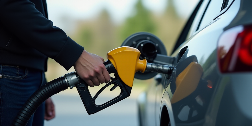 a person is pumping gas into a car at a gas station, with a hose running through the gas tank, Andri