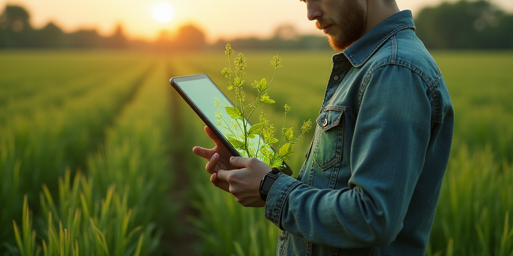 a person is using a tablet in a field of plants and plants are being displayed on the screen and the
