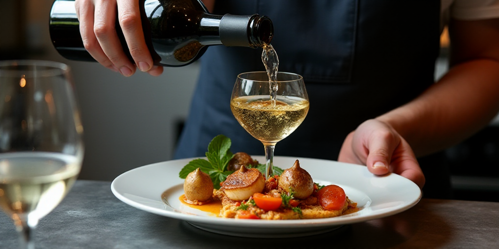 a person pouring wine into a glass on a plate with food on it and wine glasses on the table, Anson M