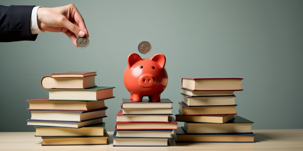 a person putting a coin into a piggy bank on top of a pile of books and stacks of books, Évariste V