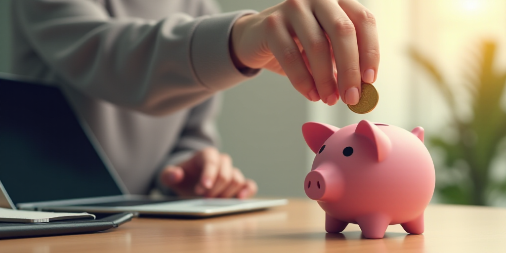 a person putting a coin into a piggy bank on a table with a laptop and a pen in front of them, Andri